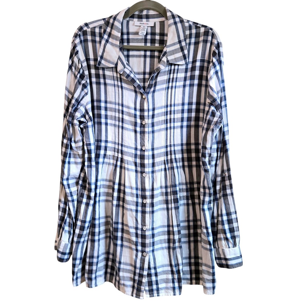 Style&co Womens 18 Chic Blue White Plaid Roll Tab Sleeve Smocked Back Tunic Top